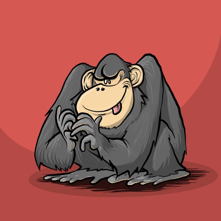 A dark gray chimpanzee hunches forward with a sly grin and narrowed eyes, tapping its fingertips together.