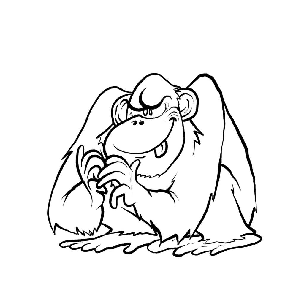 A dark gray chimpanzee hunches forward with a sly grin and narrowed eyes, tapping its fingertips together, in black and white.