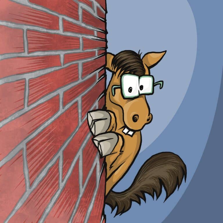 A brown horse in big green glasses peeks nervously around a red brick wall, clutching its edge.