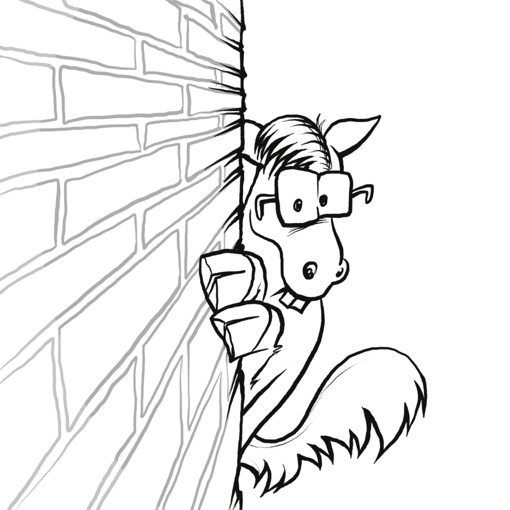 A brown horse in big green glasses peeks nervously around a red brick wall, clutching its edge, in black and white.
