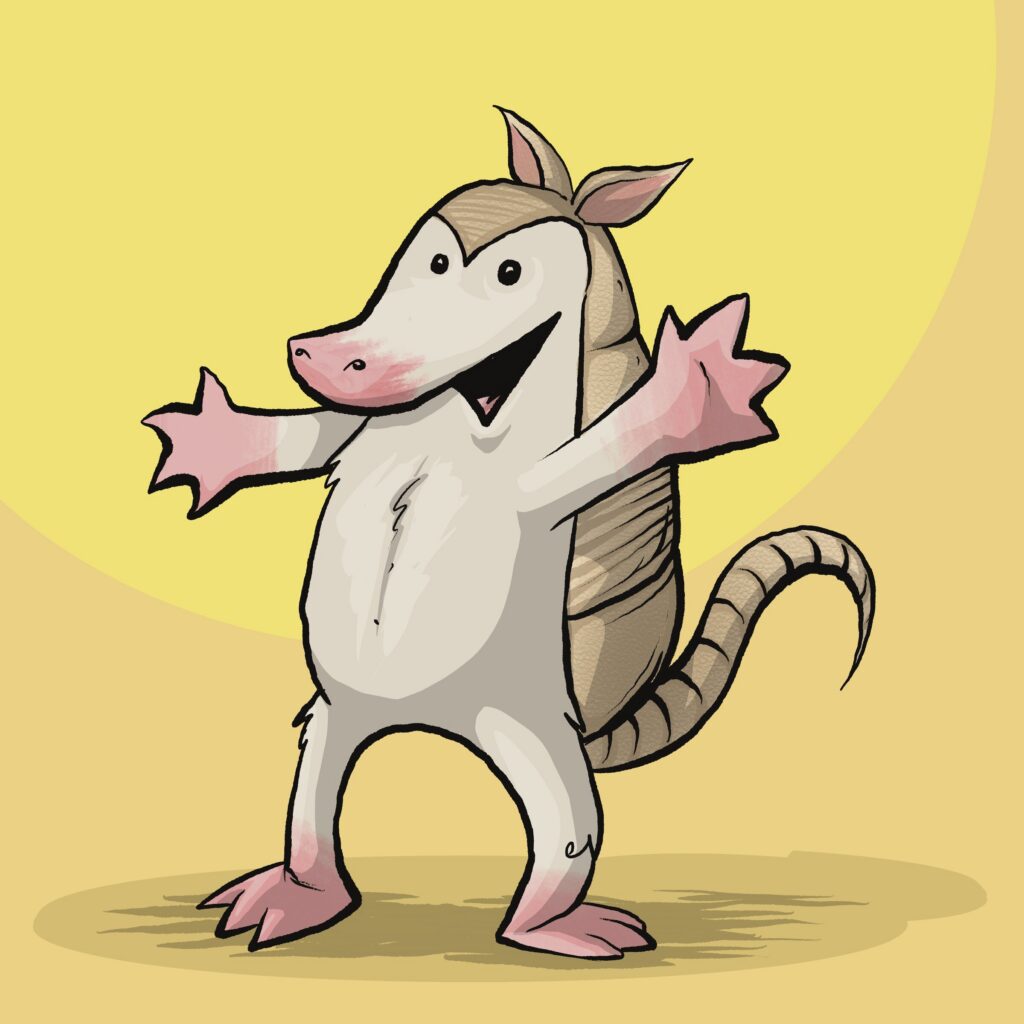 A pink-nosed armadillo grins wide with arms thrown open for a hug.