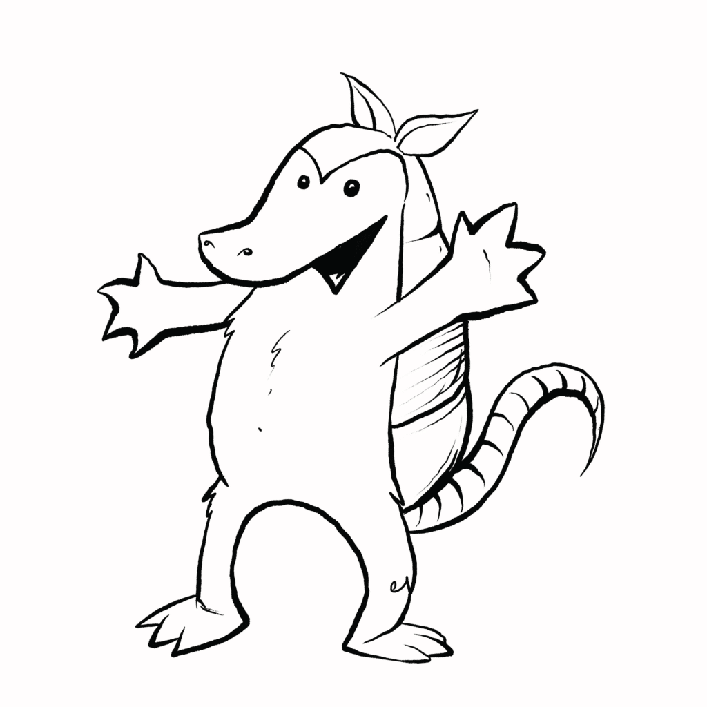 A pink-nosed armadillo grins wide with arms thrown open for a hug, in black and white.