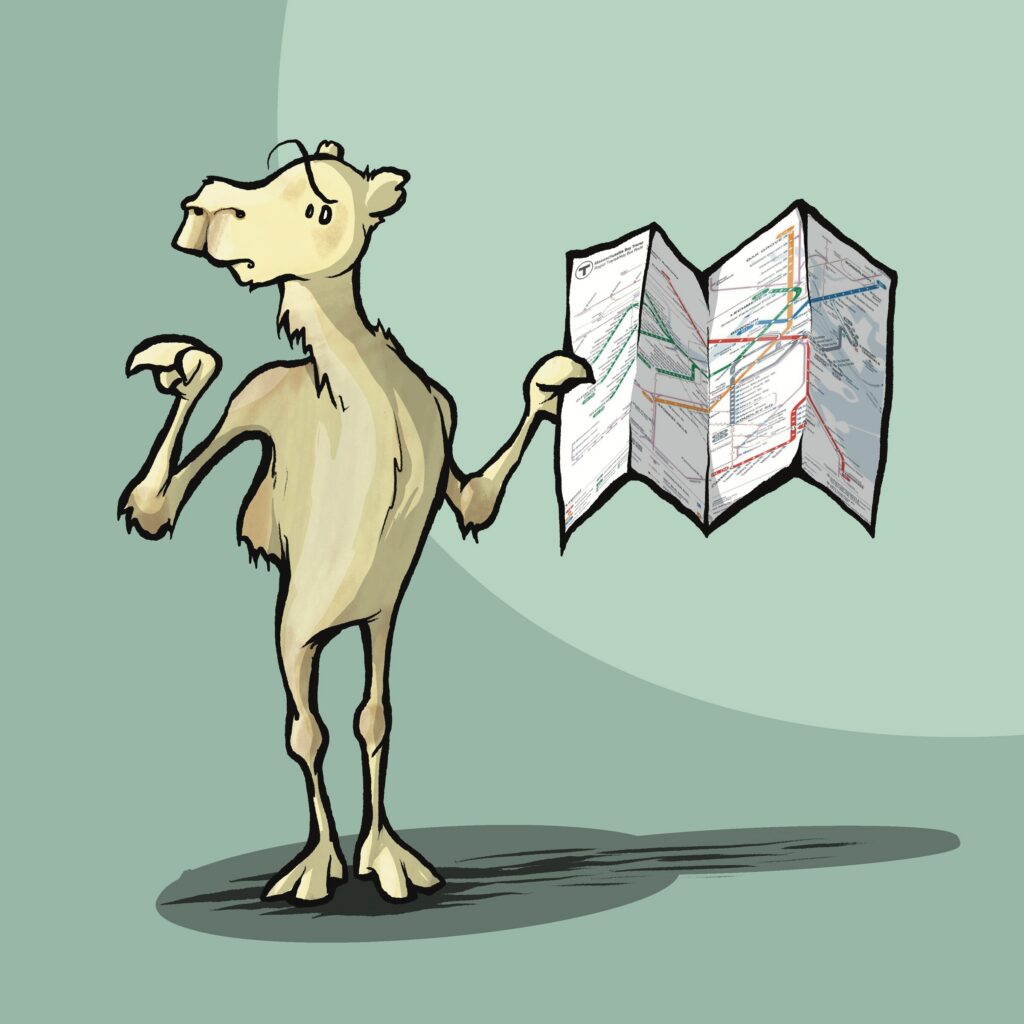A pale dromedary camel holds up an unfolded transit map, shrugging with a lost, worried look.
