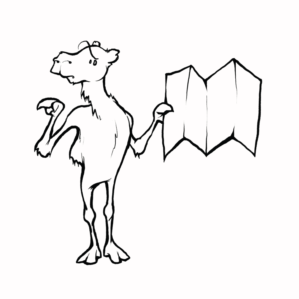 A pale dromedary camel holds up an unfolded transit map, shrugging with a lost, worried look, in black and white.
