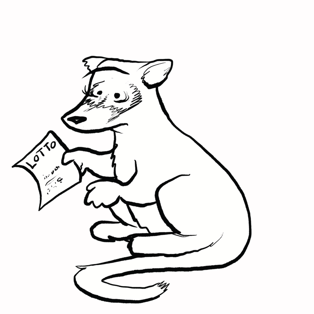 A spotted gray civet with a ringed tail sits slumped, staring glumly at a losing lotto ticket, in black and white.