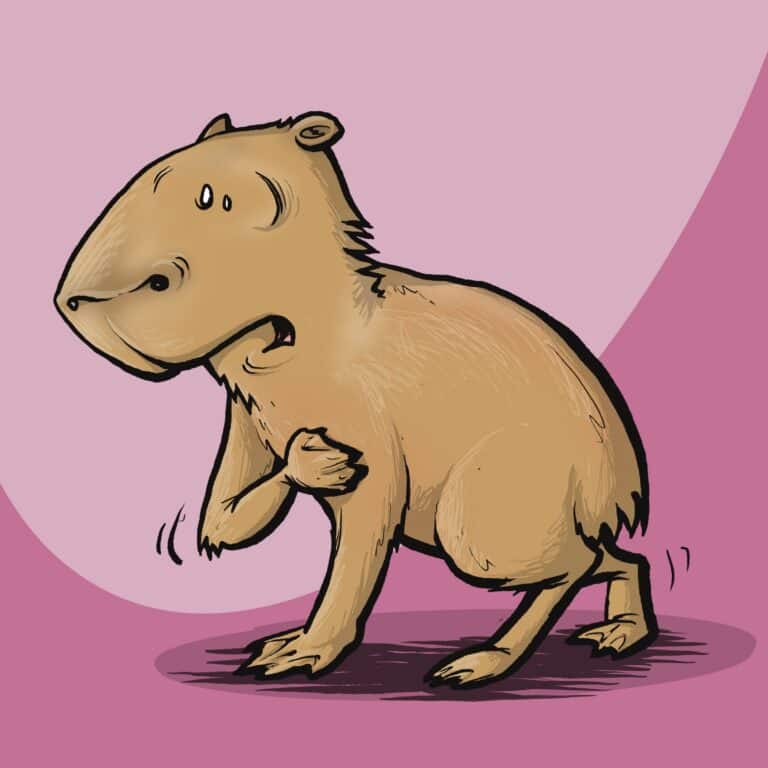 A tan capybara recoils with a startled grimace, one paw clutched to its chest, trembling.