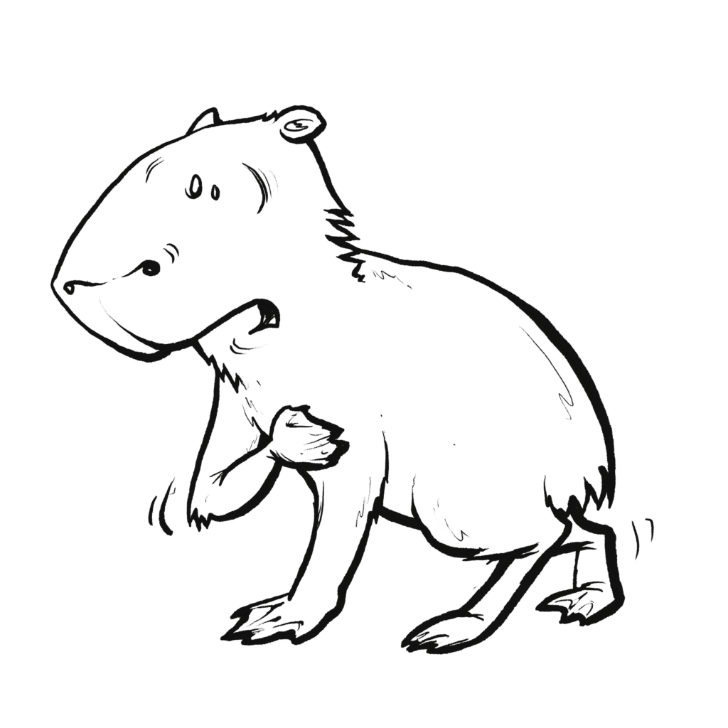 A tan capybara recoils with a startled grimace, one paw clutched to its chest, trembling, in black and white.