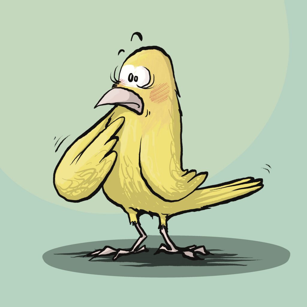 A yellow canary with blushing cheeks and wide eyes covers its chest with one wing, flustered.