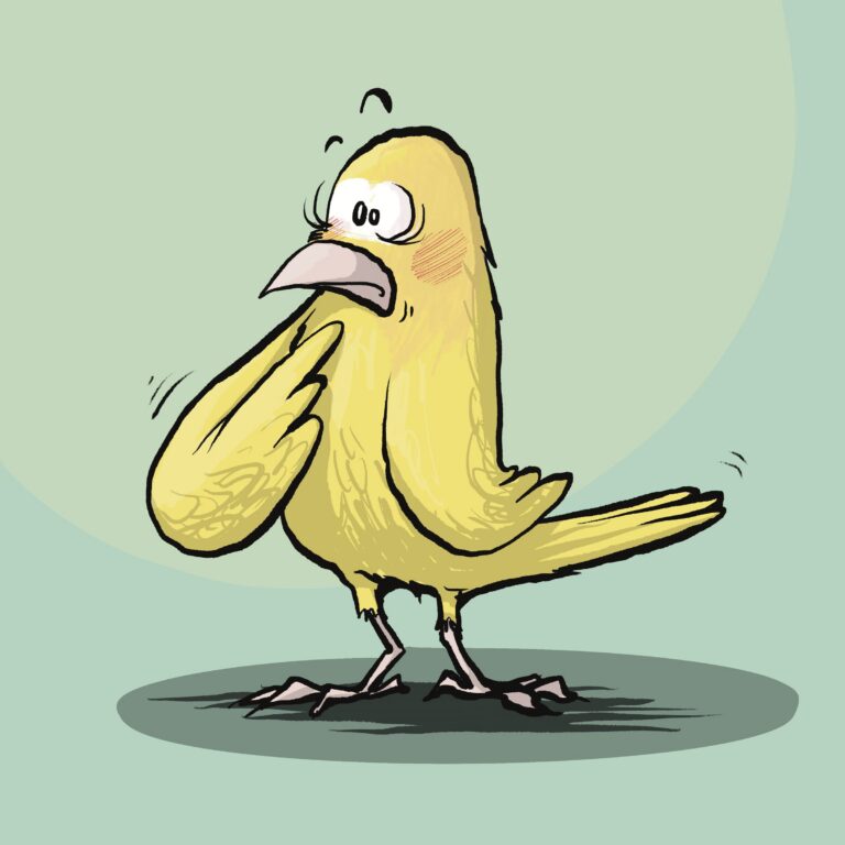 A yellow canary with blushing cheeks and wide eyes covers its chest with one wing, flustered.