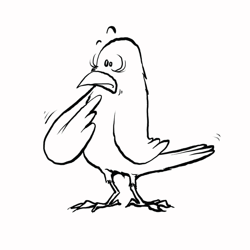 A yellow canary with blushing cheeks and wide eyes covers its chest with one wing, flustered, in black and white.