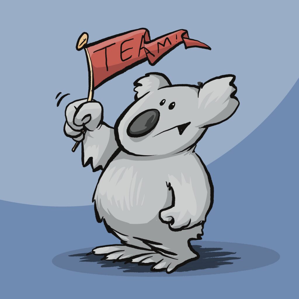 A gray koala waves a red team pennant with a half-hearted, droopy-eyed look.