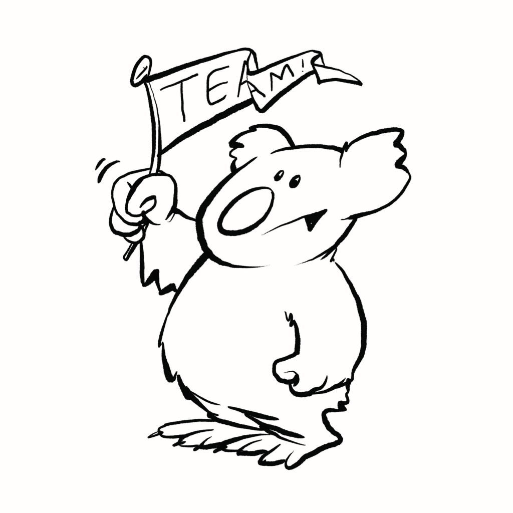 A gray koala waves a red team pennant with a half-hearted, droopy-eyed look, in black and white.