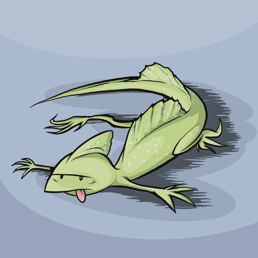 A green basilisk lizard lies splayed flat on its belly, eyes half shut and tongue lolling out.