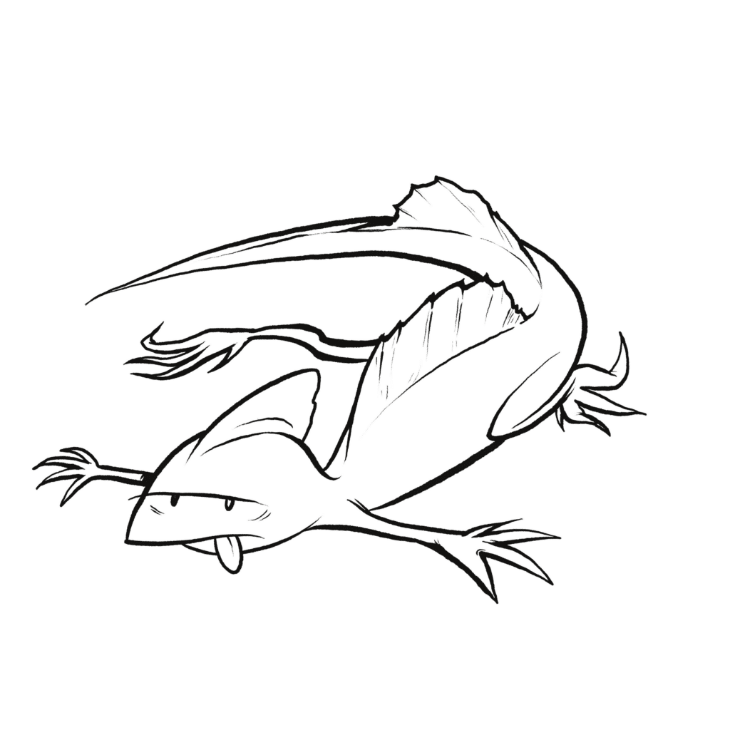 A green basilisk lizard lies splayed flat on its belly, eyes half shut and tongue lolling out, in black and white.