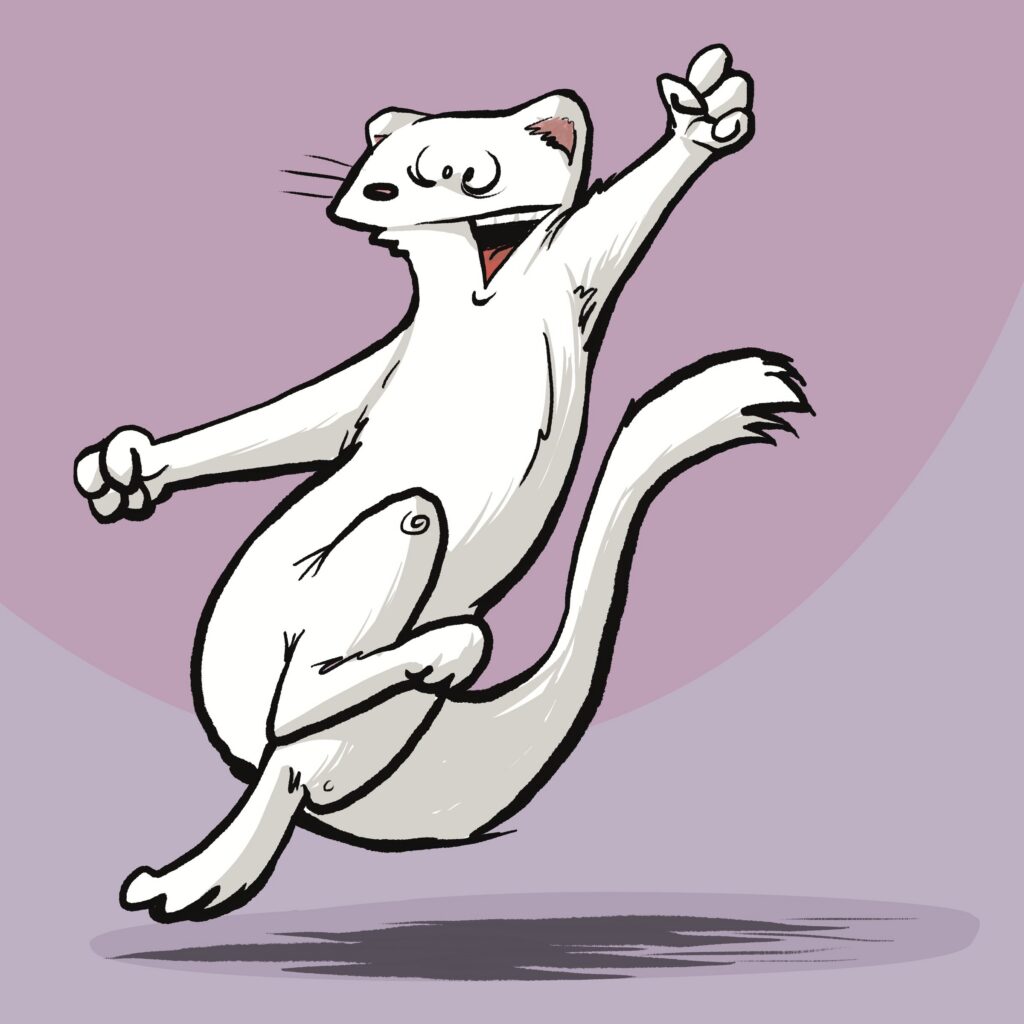 A white ermine leaps high with a fist in the air, eyes shut and mouth open in a joyful whoop.