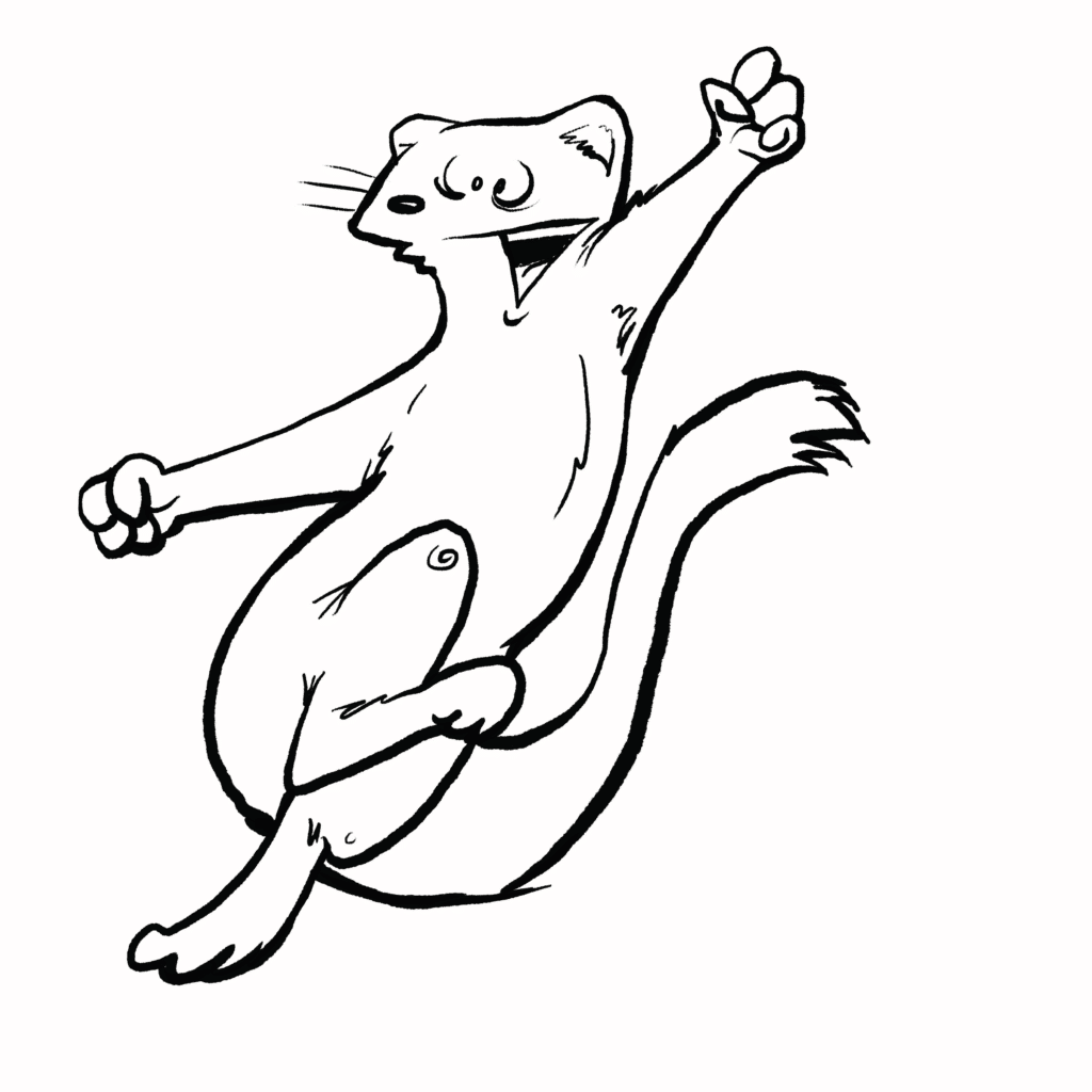 A white ermine leaps high with a fist in the air, eyes shut and mouth open in a joyful whoop, in black and white.
