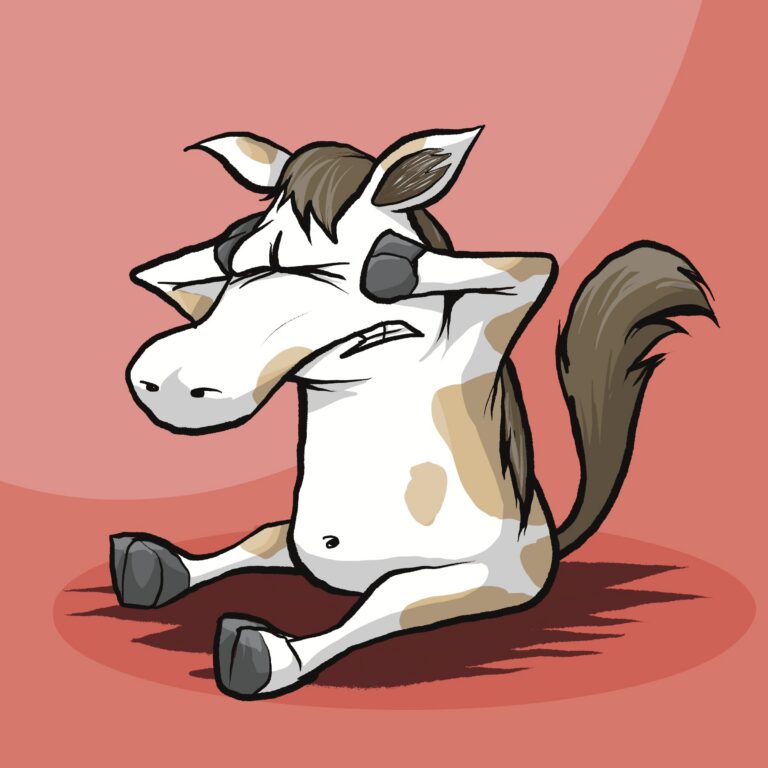A brown and white paint mustang sits on the floor, eyes squeezed shut and teeth clenched, hooves pressed to its head.