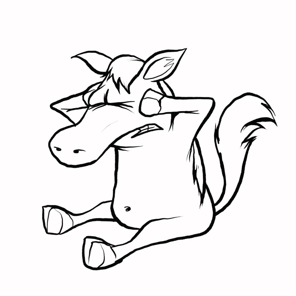 A brown and white paint mustang sits on the floor, eyes squeezed shut and teeth clenched, hooves pressed to its head, in black and white.