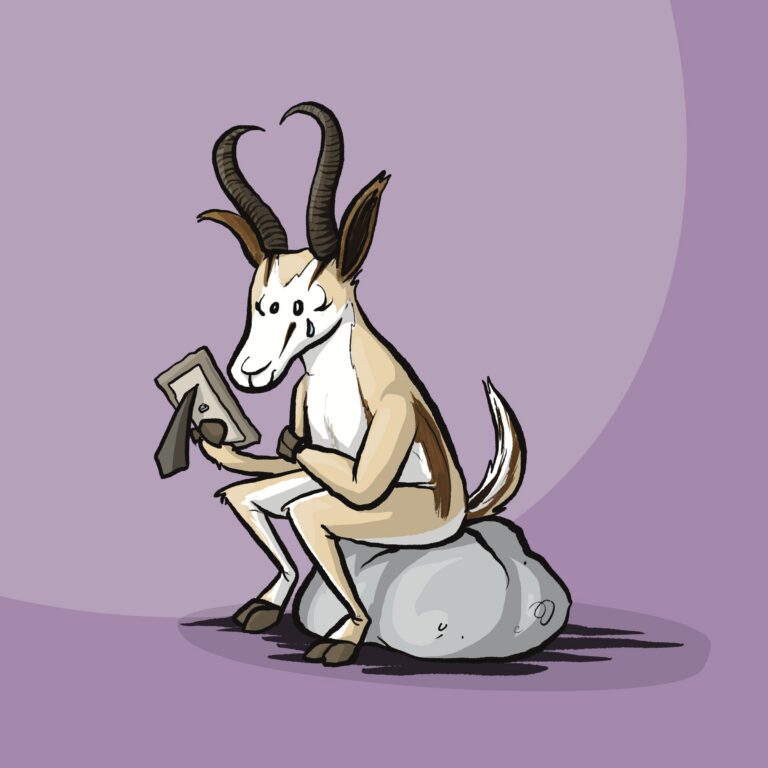 A springbok sits on a gray boulder, a tear on its cheek, gazing down at a small framed photo.