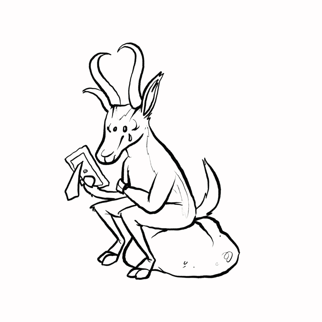 A springbok sits on a gray boulder, a tear on its cheek, gazing down at a small framed photo, in black and white.