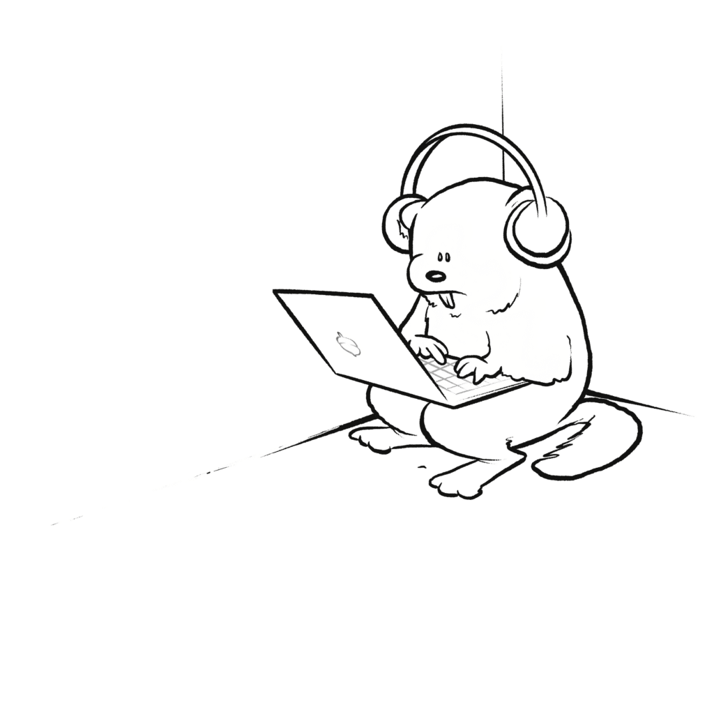 A woodchuck wearing big headphones types on a laptop, tucked alone into the corner of an empty room, in black and white.