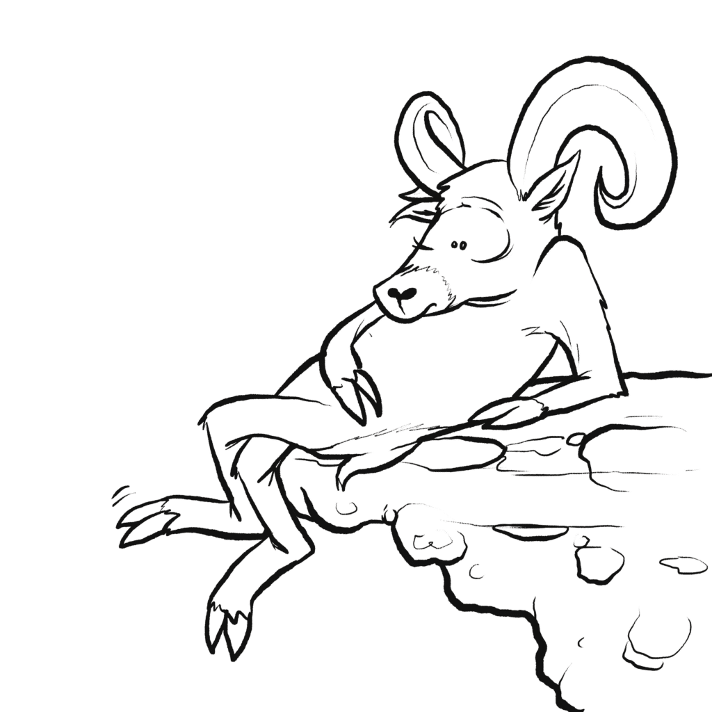 A tan bighorn sheep with curled horns lounges on a rocky ledge, staring off with a faraway look, in black and white.