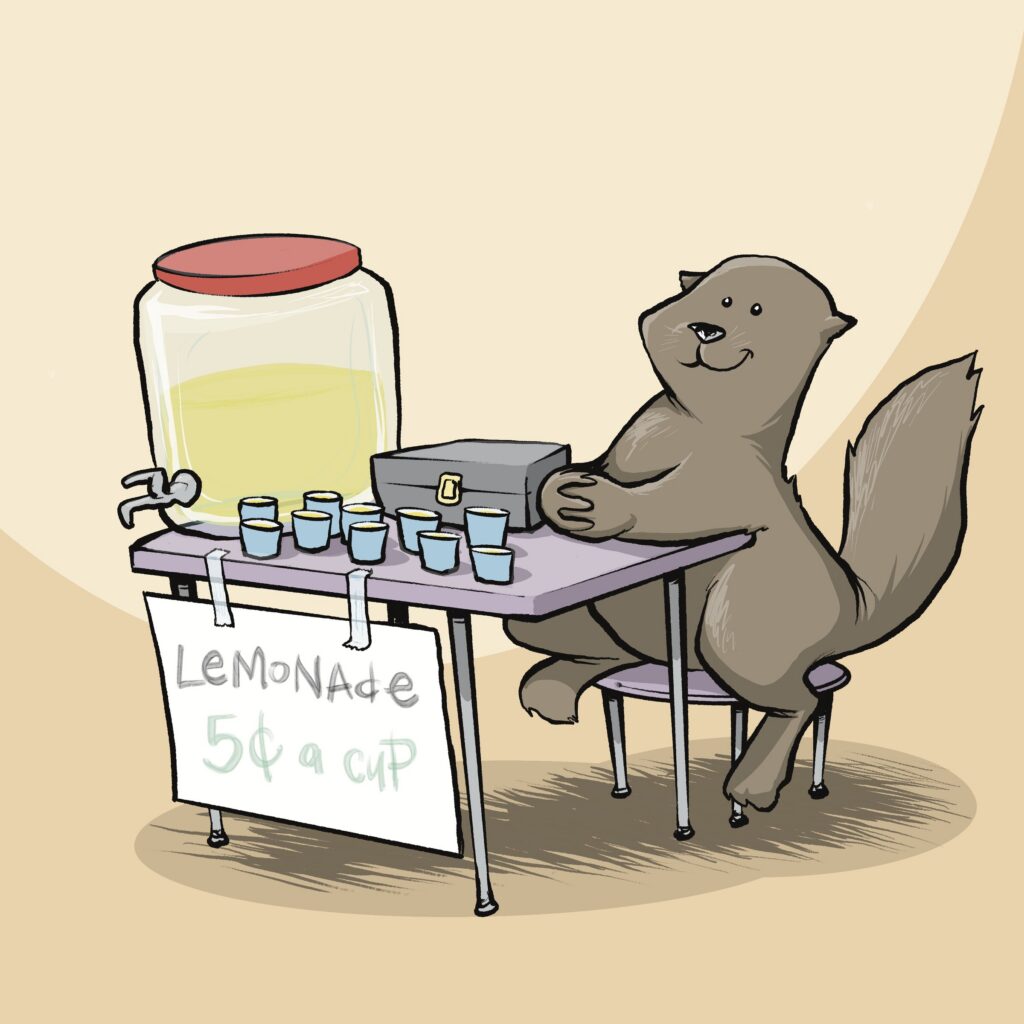 A smiling brown otter runs a lemonade stand, paws on its cash box, beside a big jar and a five-cents-a-cup sign.