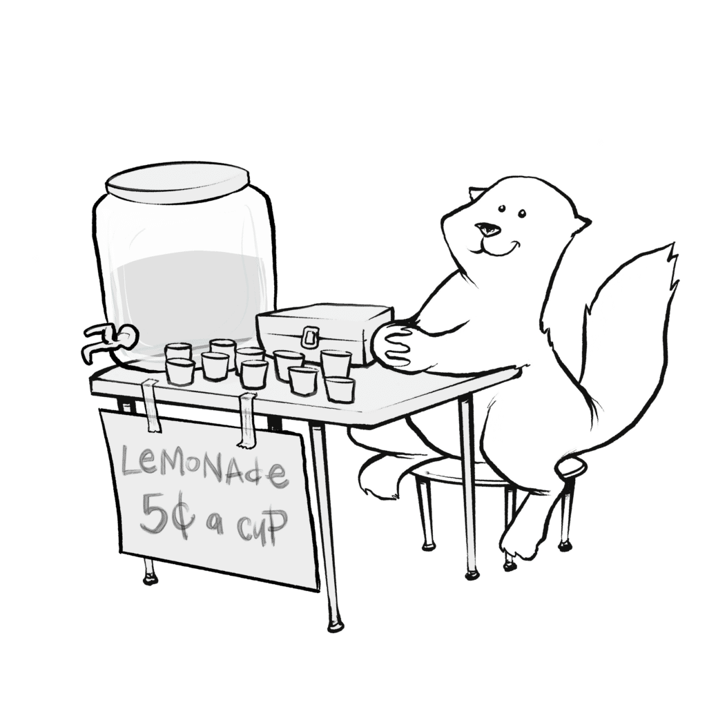 A smiling brown otter runs a lemonade stand, paws on its cash box, beside a big jar and a five-cents-a-cup sign, in black and white.