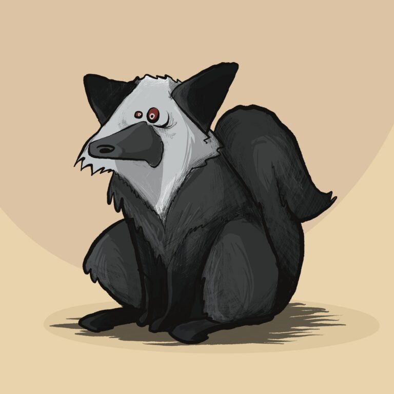 A black silver fox with a pale face and red-rimmed eyes sits hunched and stiff.