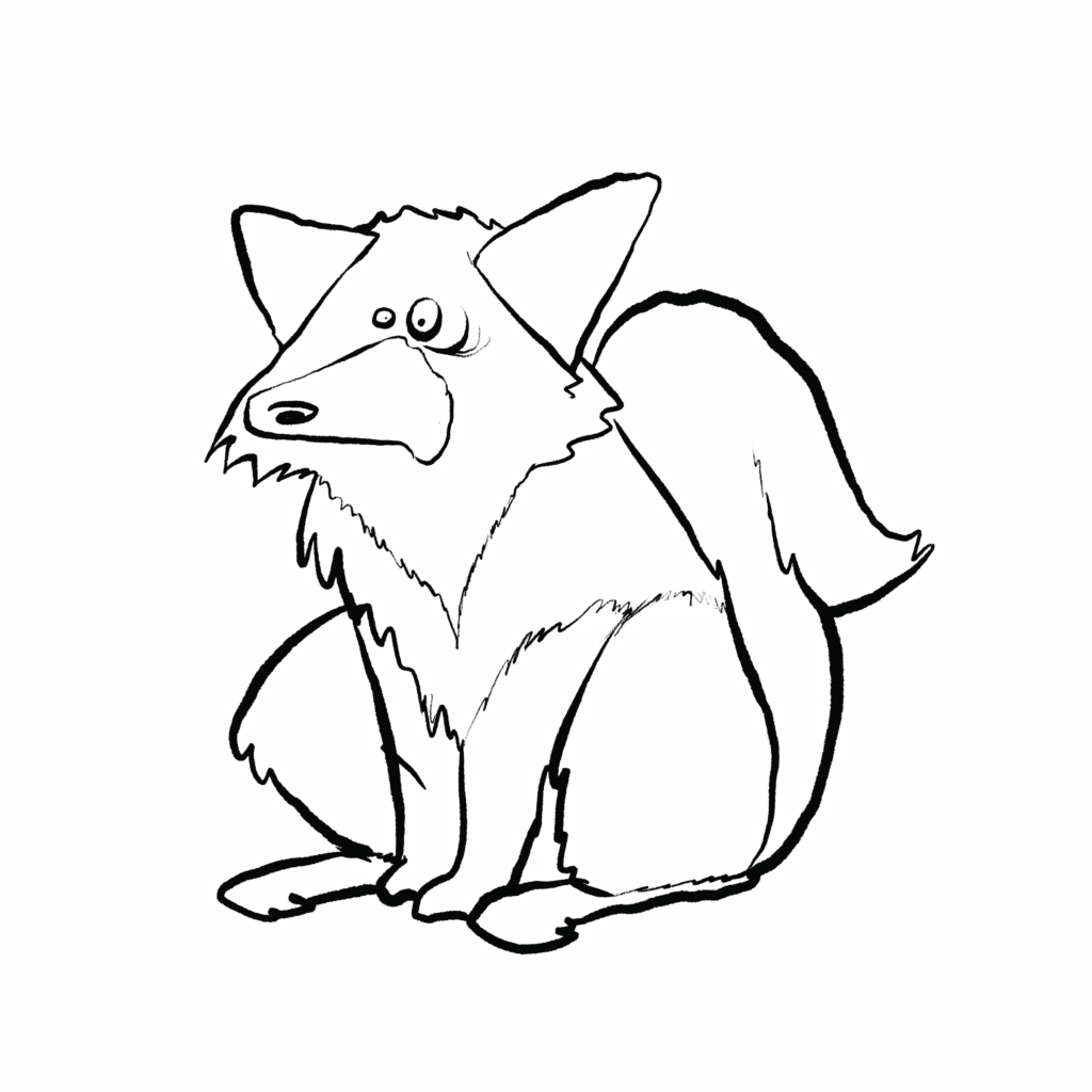 A black silver fox with a pale face and red-rimmed eyes sits hunched and stiff, in black and white.
