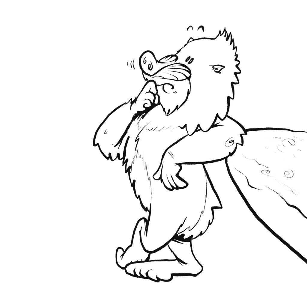 A mandrill with a bright pink and blue face strokes its chin thoughtfully while leaning on a boulder, in black and white.