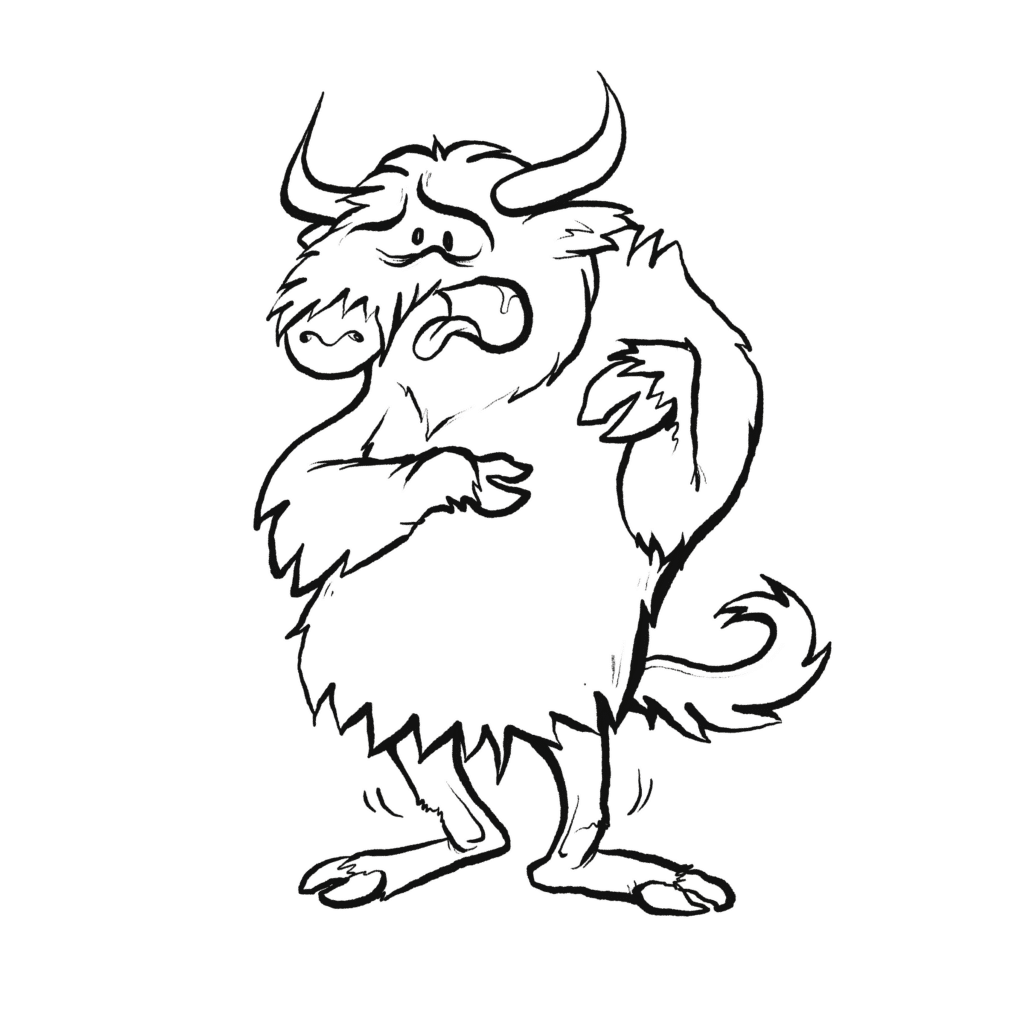 A shaggy brown highland cow recoils with its tongue out and eyes squeezed in disgust, shuddering, in black and white.