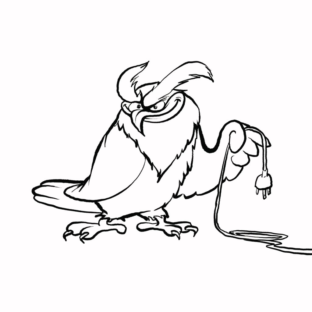 A brown eagle owl with glaring orange eyes and a wicked grin holds up a yanked-out power plug, in black and white.