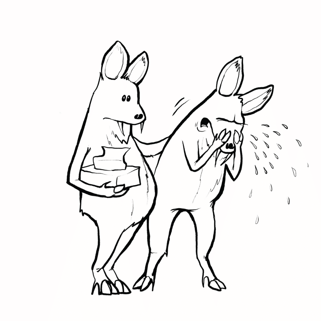 A spotted musk deer with small fangs offers a box of tissues and a comforting hand to a sobbing friend, in black and white.