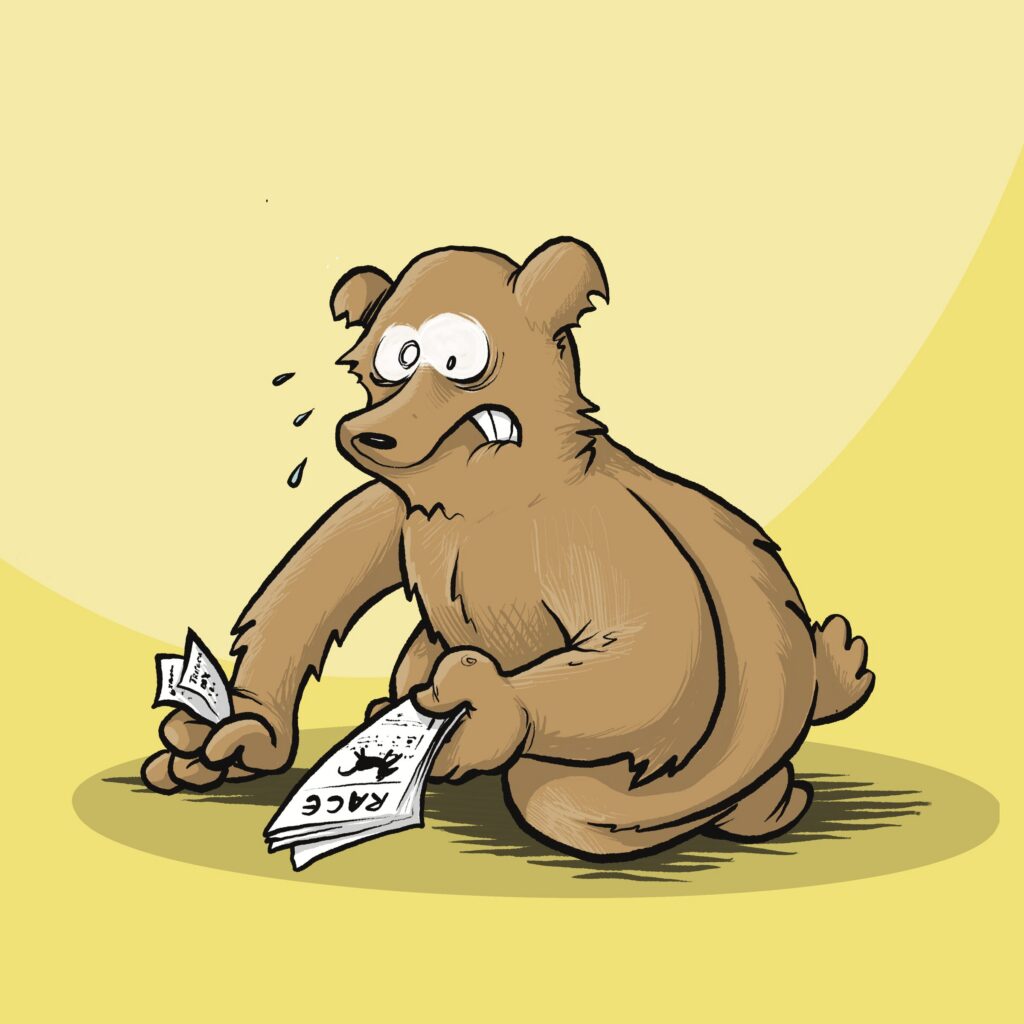A brown grizzly bear with bulging eyes and gritted teeth sweats while tearing up racing tickets.