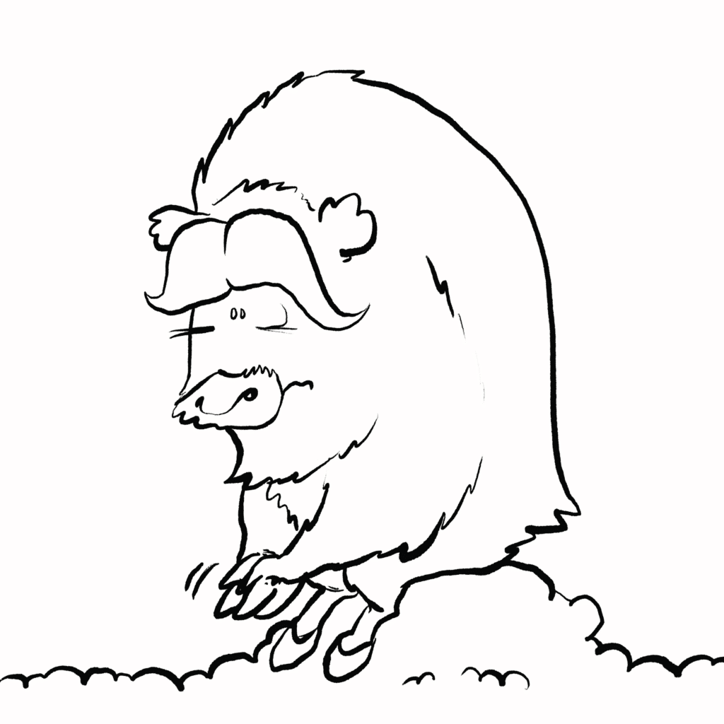 A shaggy musk-ox with drooping horns sits hunched on a snowbank, staring vacantly from under its brow, in black and white.