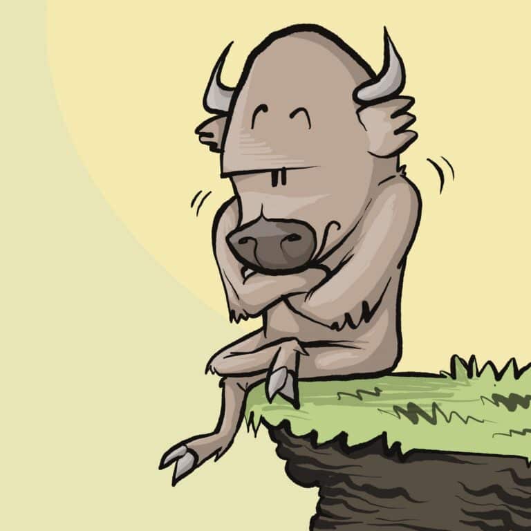 A brown bison sits on the edge of a grassy cliff, arms folded and eyes closed with a blank, unbothered look.