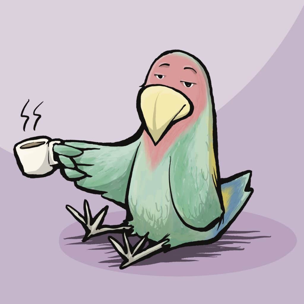 A green and pink lovebird sits with its legs out and sleepy eyes, holding a steaming cup of coffee.