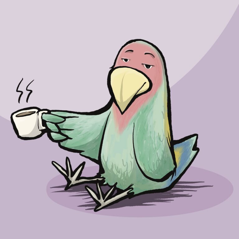 A green and pink lovebird sits with its legs out and sleepy eyes, holding a steaming cup of coffee.