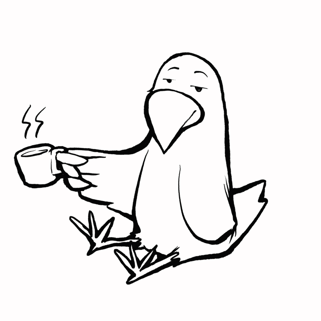 A green and pink lovebird sits with its legs out and sleepy eyes, holding a steaming cup of coffee, in black and white.