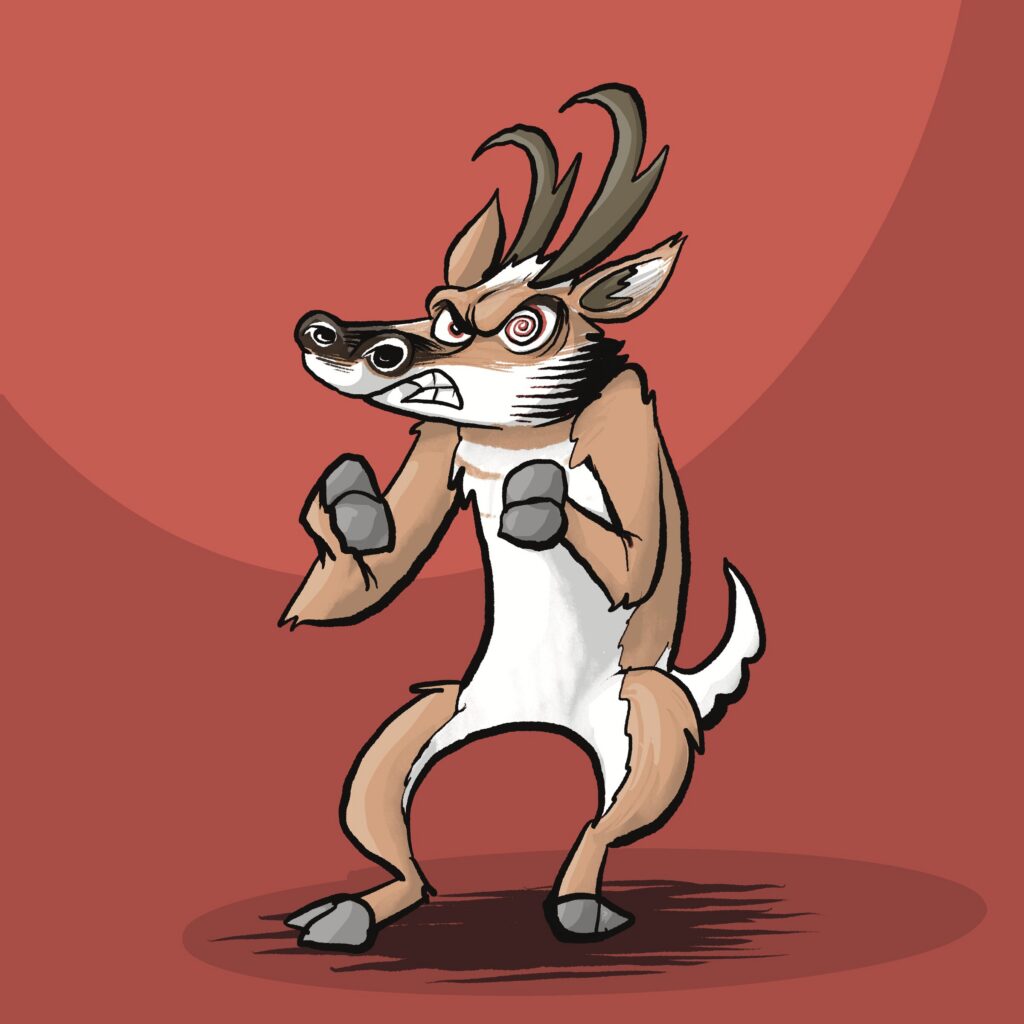 A pronghorn with swirling eyes and bared teeth raises its fists for a fight.