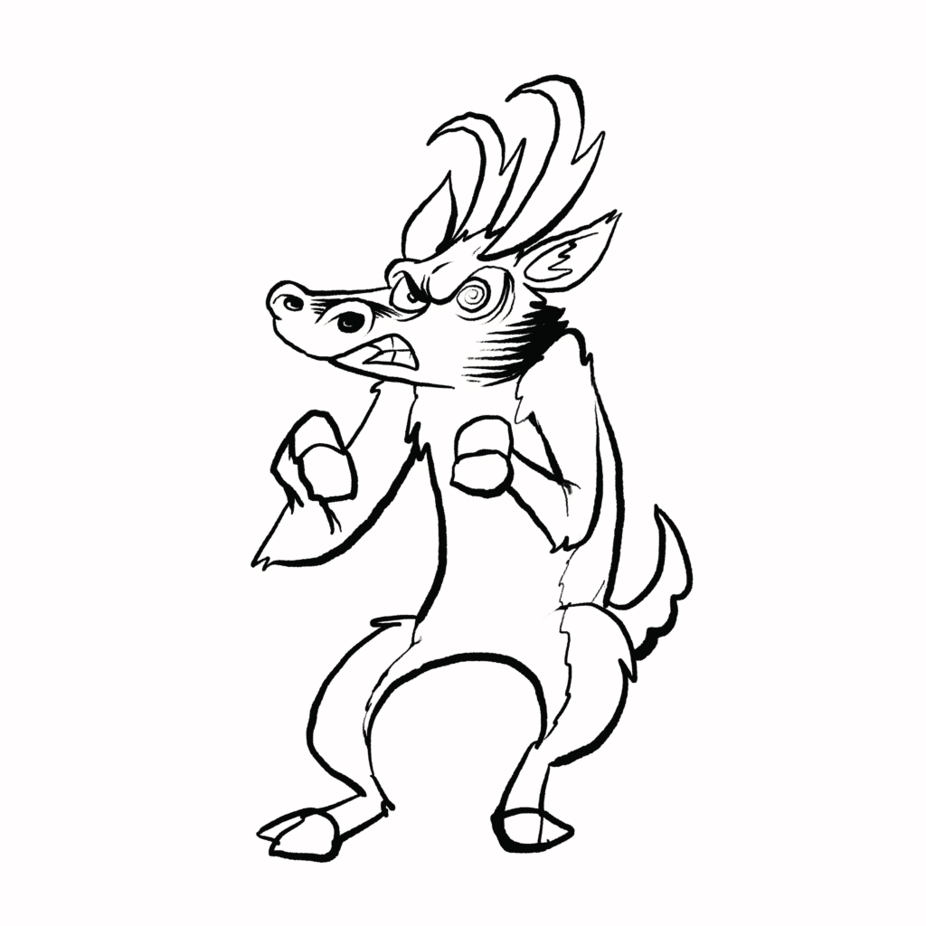 A pronghorn with swirling eyes and bared teeth raises its fists for a fight, in black and white.