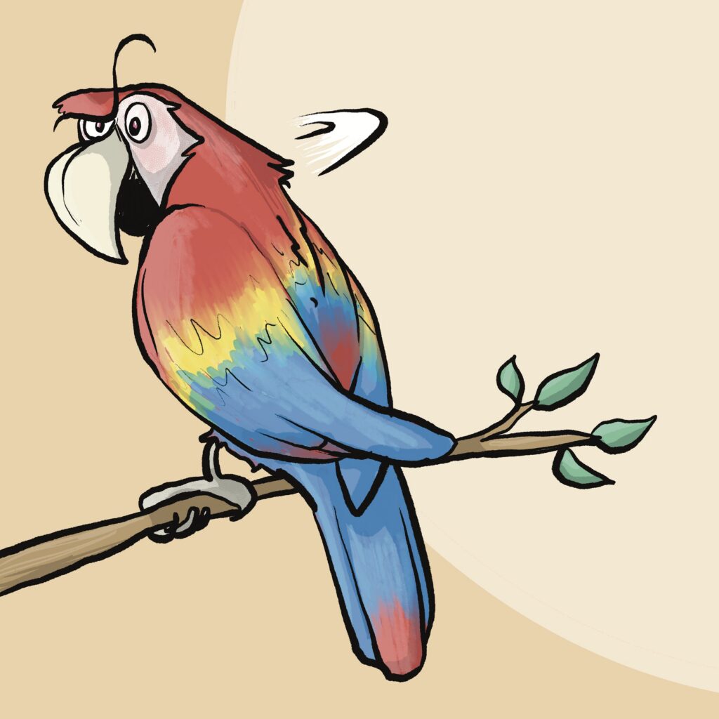 A red, yellow and blue macaw perched on a leafy branch glances back over its shoulder with a narrowed, side-eyed glare.
