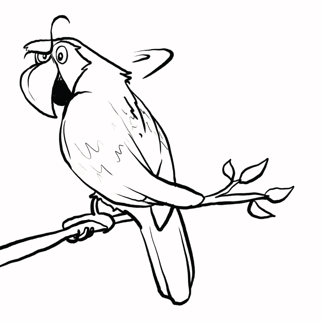 A red, yellow and blue macaw perched on a leafy branch glances back over its shoulder with a narrowed, side-eyed glare, in black and white.