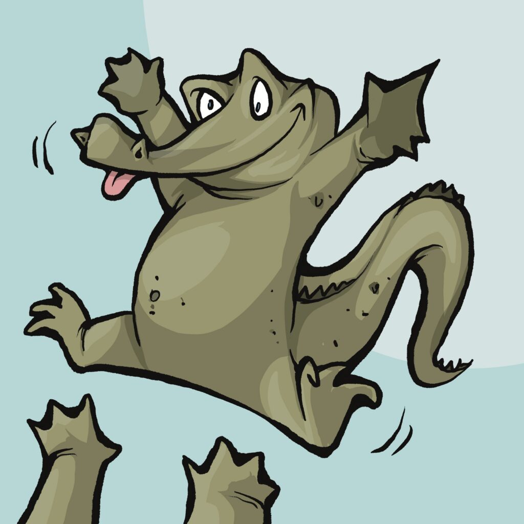 A grinning olive crocodile leaps backward with arms flung wide, tongue out, trusting the reaching hands below to catch it.