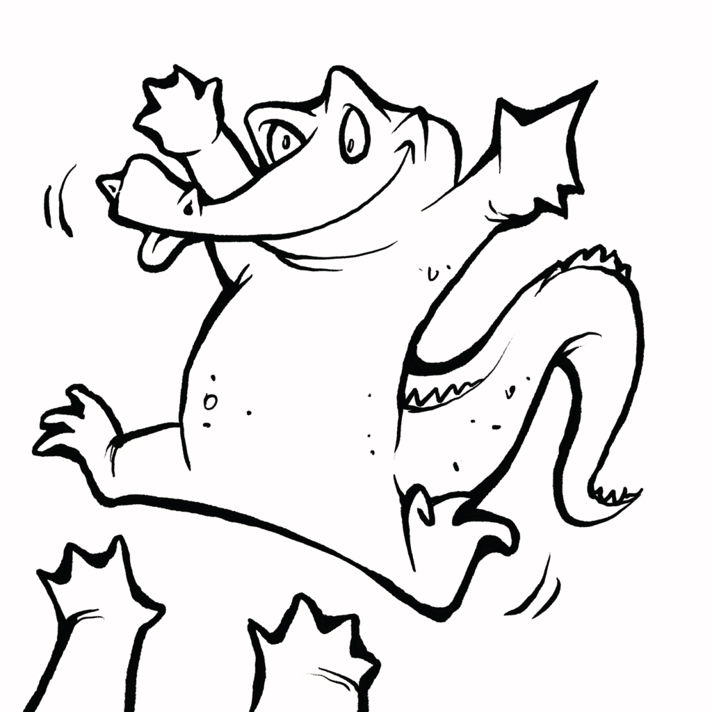 A grinning olive crocodile leaps backward with arms flung wide, tongue out, trusting the reaching hands below to catch it, in black and white.