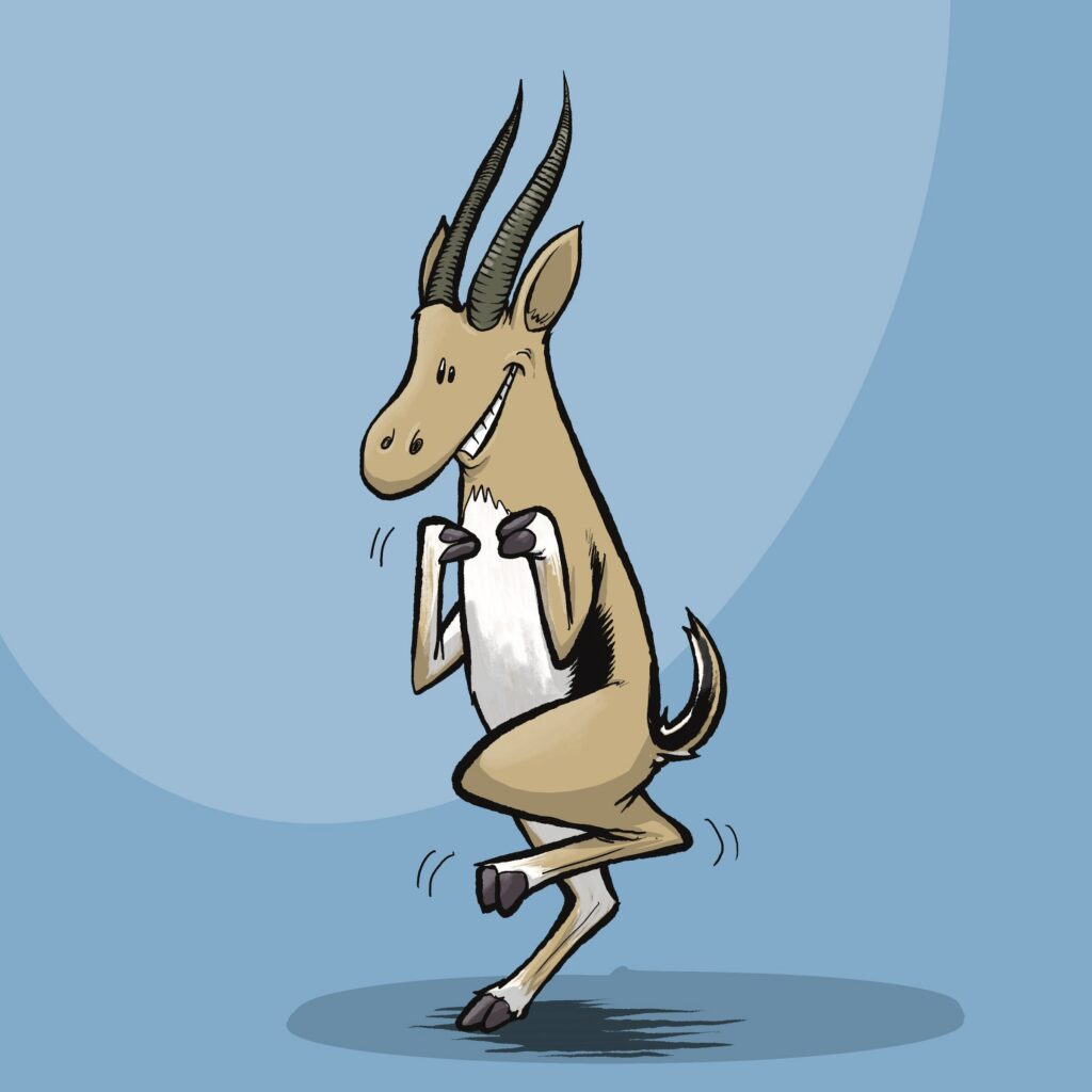 A tan gazelle with long ridged horns grins ear to ear and prances on tiptoe with paws clenched in glee.