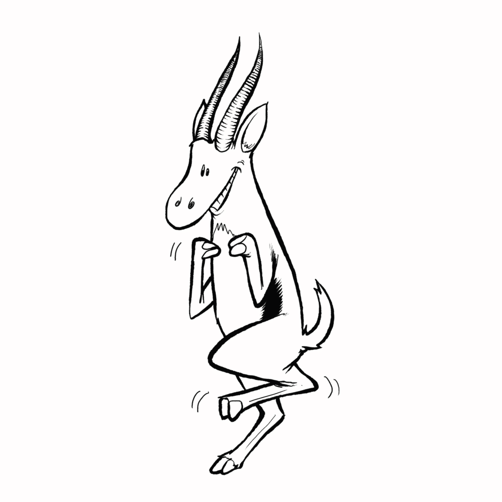 A tan gazelle with long ridged horns grins ear to ear and prances on tiptoe with paws clenched in glee, in black and white.