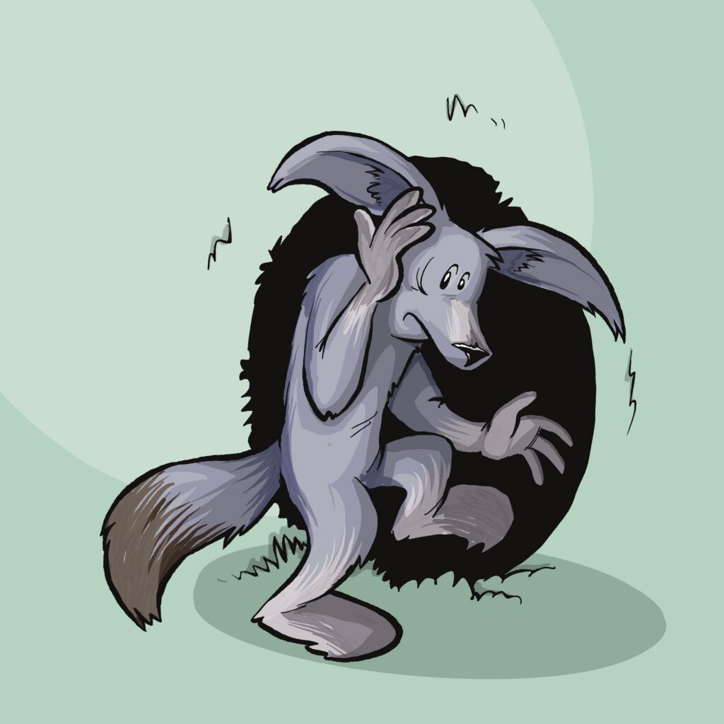 A gray coyote slinks away with its head down and a paw to its brow, shadowed by a dark hole.