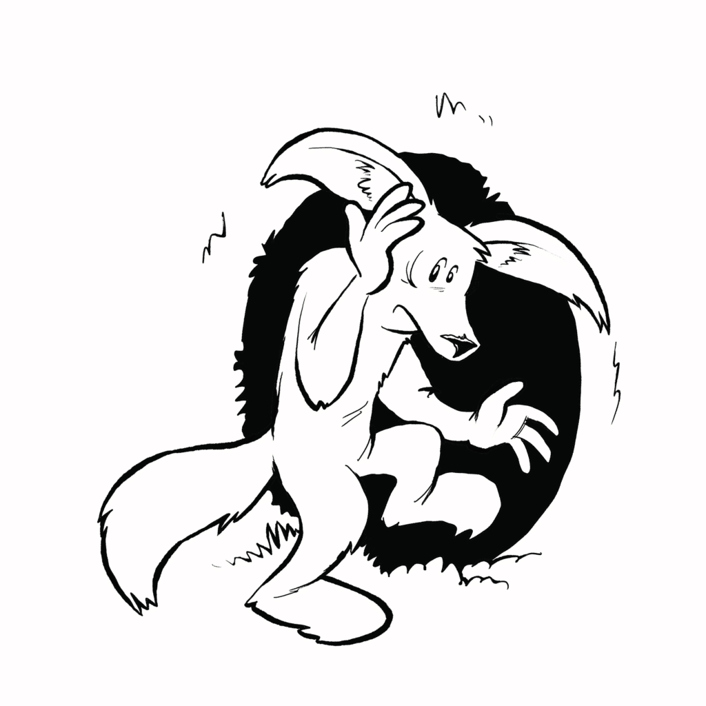 A gray coyote slinks away with its head down and a paw to its brow, shadowed by a dark hole, in black and white.